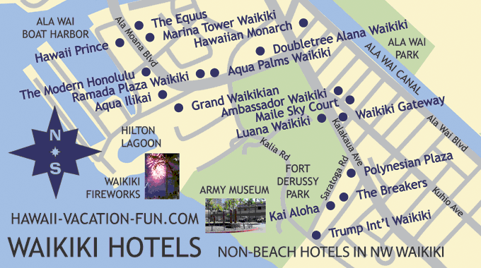 Map of Non-Beachfront Northwest Waikiki Hotels with Nearby Landmarks