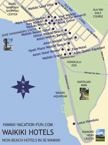 Map of Non-Beachfront Southeast Waikiki Hotels with Nearby Landmarks