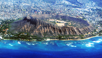 Aerial View Looking into Diamond Head Crater from a Hawaiian Airlines Flight to Maui
