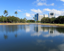 Reflection of Honolulu on the Pond at Ala Moana Beach Park