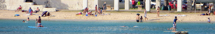 Stand-up Paddle Boarders and Beach Goers at Ala Moana Beach Park