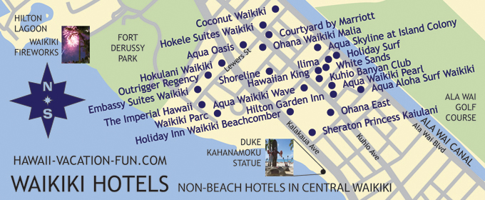 Map of Non-Beachfront Central Waikiki Hotels with Nearby Landmarks
