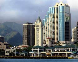 Aloha Tower Marketplace Set Against the Backdrop of Downtown Honolulu as Seen from Sand Island