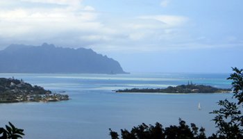 View of Kaneohe Bay, Coconut Island, and Chinaman's Hat from Friendship Garden Trail