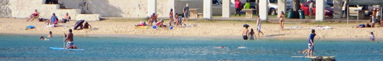 Stand-up Paddle Boarders and Beach Goers at Ala Moana Beach Park